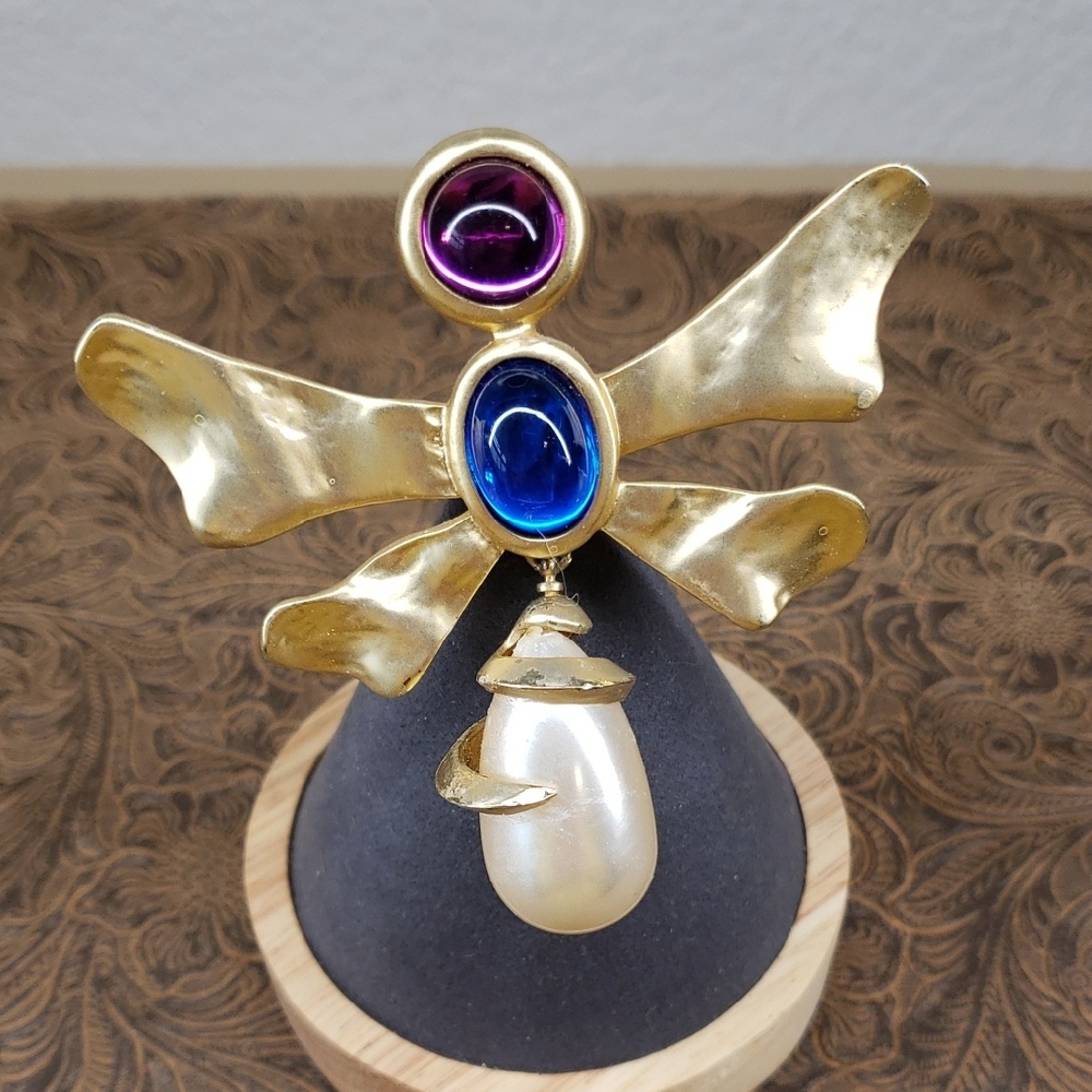 Antique Winged Angel Gold Tone Colorful Cabochon Pearl Brooch Pin